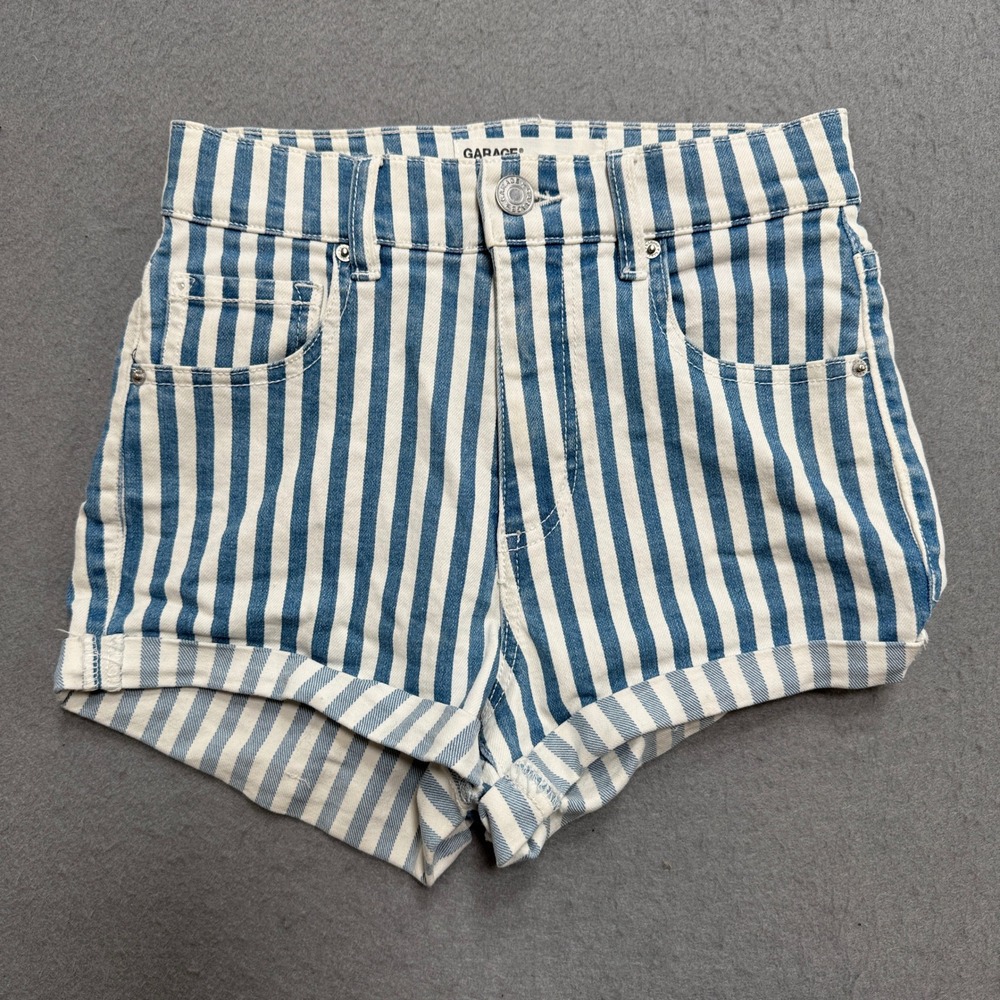Garage Shorts Women's 00 Blue Striped High Rise Cuffed Hem Cotton Skater Comfy